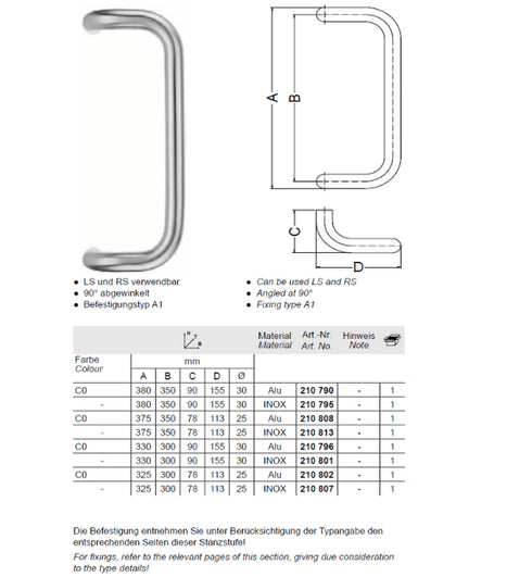 Schuco 210790 -380mm Aluminium Rectangular Door Pull Handle